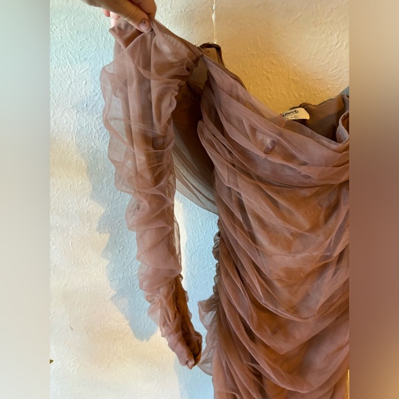 ANAIS CHESTNUT TULLE OFF SHOULDER RUCHED DRESS - Picture 6 of 8